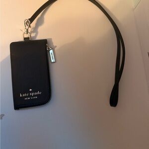 kate spade black leather wristlet/lanyard card case with gold hardware